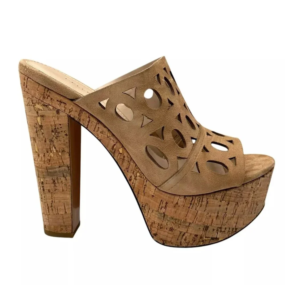 Pelle Moda Peep Toe Women’s Sandal Size 8.5 Latte Suede Cork Platform Block Heel